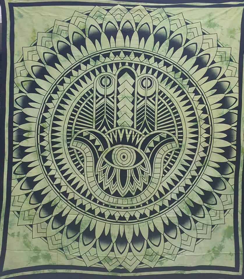 Green Hamsa Hand Mandala Tapestry Double