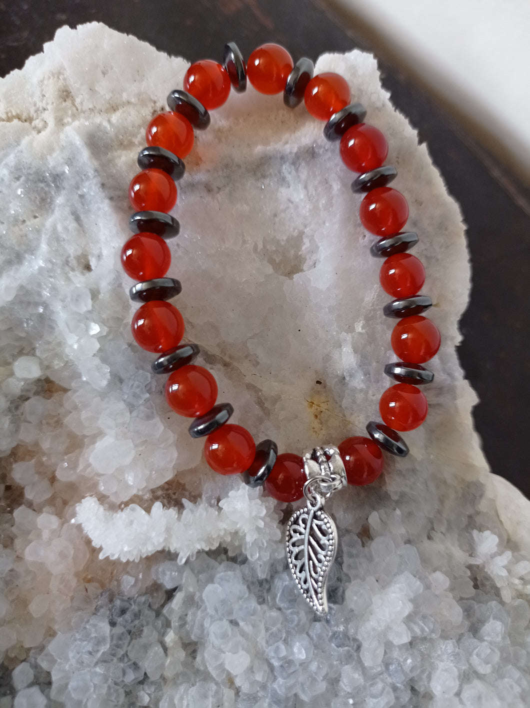 Carnelian & Hematite with a Feather charm Bracelet