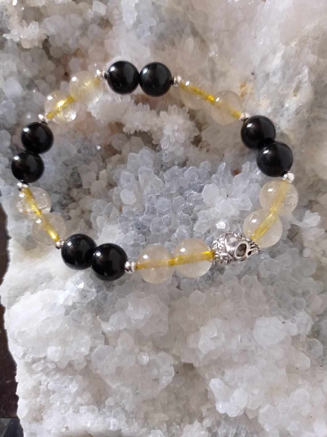 Jet & Rutile Quartz Skull Bracelet